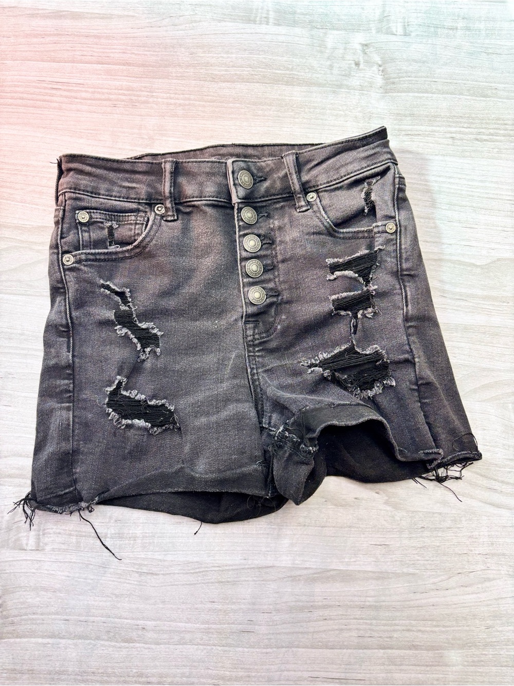 American Eagle Outfitters Charcoal Distressed Button-Fly Denim Shorts size 0